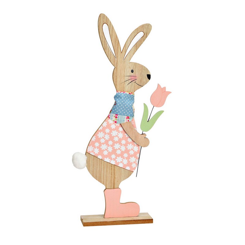 Coniglio pasquale in legno da appoggio con maglia a fiori e fiore in mano, perfetto per le tue decorazioni di Pasqua